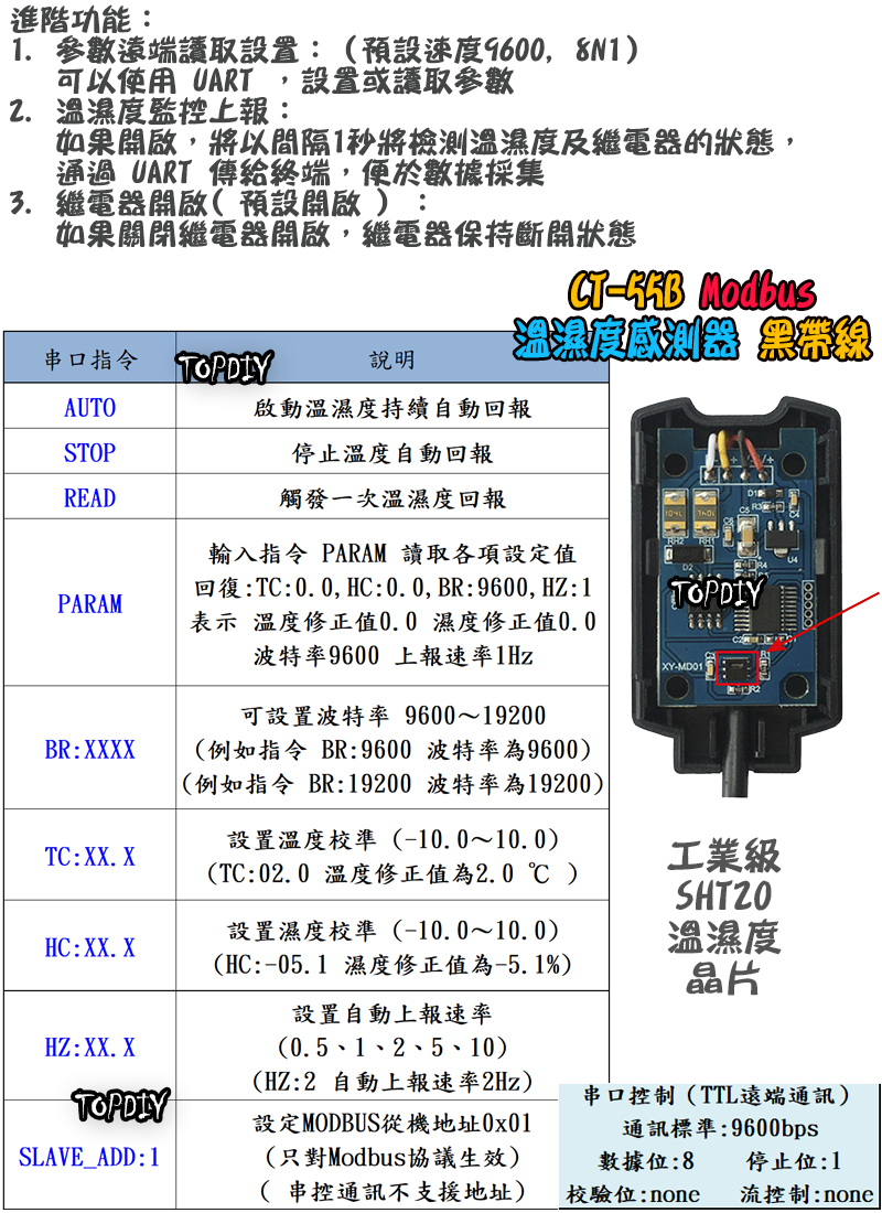 Modbus【TopDIY】CT-55B 溫濕度 感測器 RS485 溫度 濕度 控制 模組 控制器 溫控 SHT20