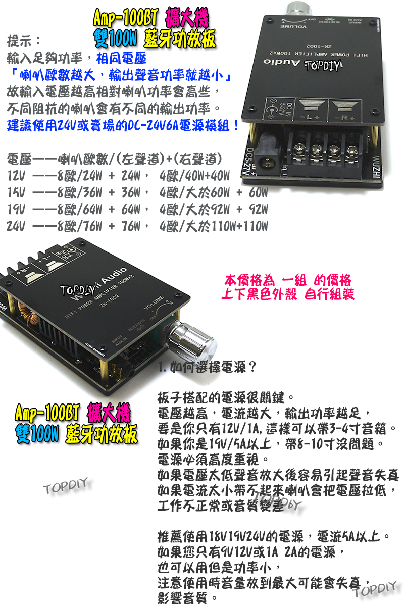 雙100瓦 TPA3116D2【TopDIY】AMP-100BT 藍牙 D類 功放板 解碼板 音響 音箱 擴大機 改裝