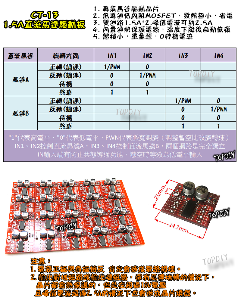 【TopDIY】CT-13 1.5A 直流 馬達 驅動板 正反轉 PWM調速 雙H橋 步進馬達 電機 超越L298N