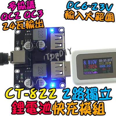 24瓦 2路 多協議【TopDIY】CT-822 快充板 模組 鋰電池 充電板 充電器 保護板 車載充電 QC3
