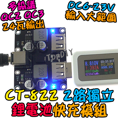 24瓦 2路 多協議【TopDIY】CT-822 快充板 模組 鋰電池 充電板 充電器 保護板 車載充電 QC3