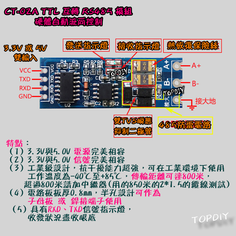焊接【TopDIY】CT-02A USB 轉 RS485 轉換器 轉接 轉換 UART TTL 485 工業 控制 模組