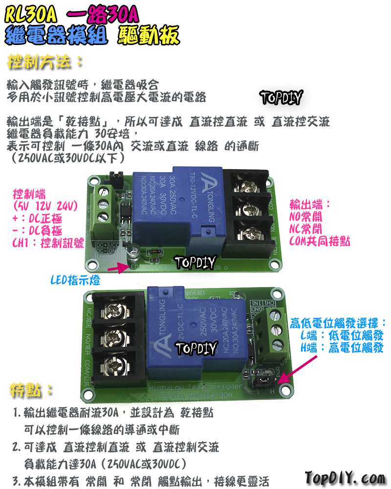 高低觸發【TopDIY】RL30A 繼電器 30A 驅動板 模組 直流控交流 直流控直流 觸發 模塊 擴流 電流 擴展板