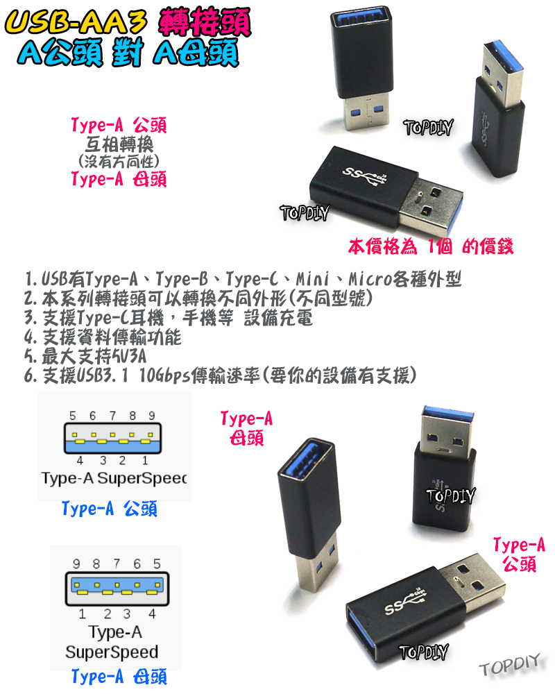 A公對A母【TopDIY】USB-AA3 轉接頭 轉接線 USB Type-A 公頭 母頭 接頭 轉接 轉換 刷機線