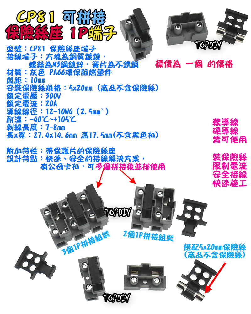 1P【TopDIY】CP81 接線端子 保險絲端子 保護端子 保險絲座 貫通式 實驗端子 安全 接線