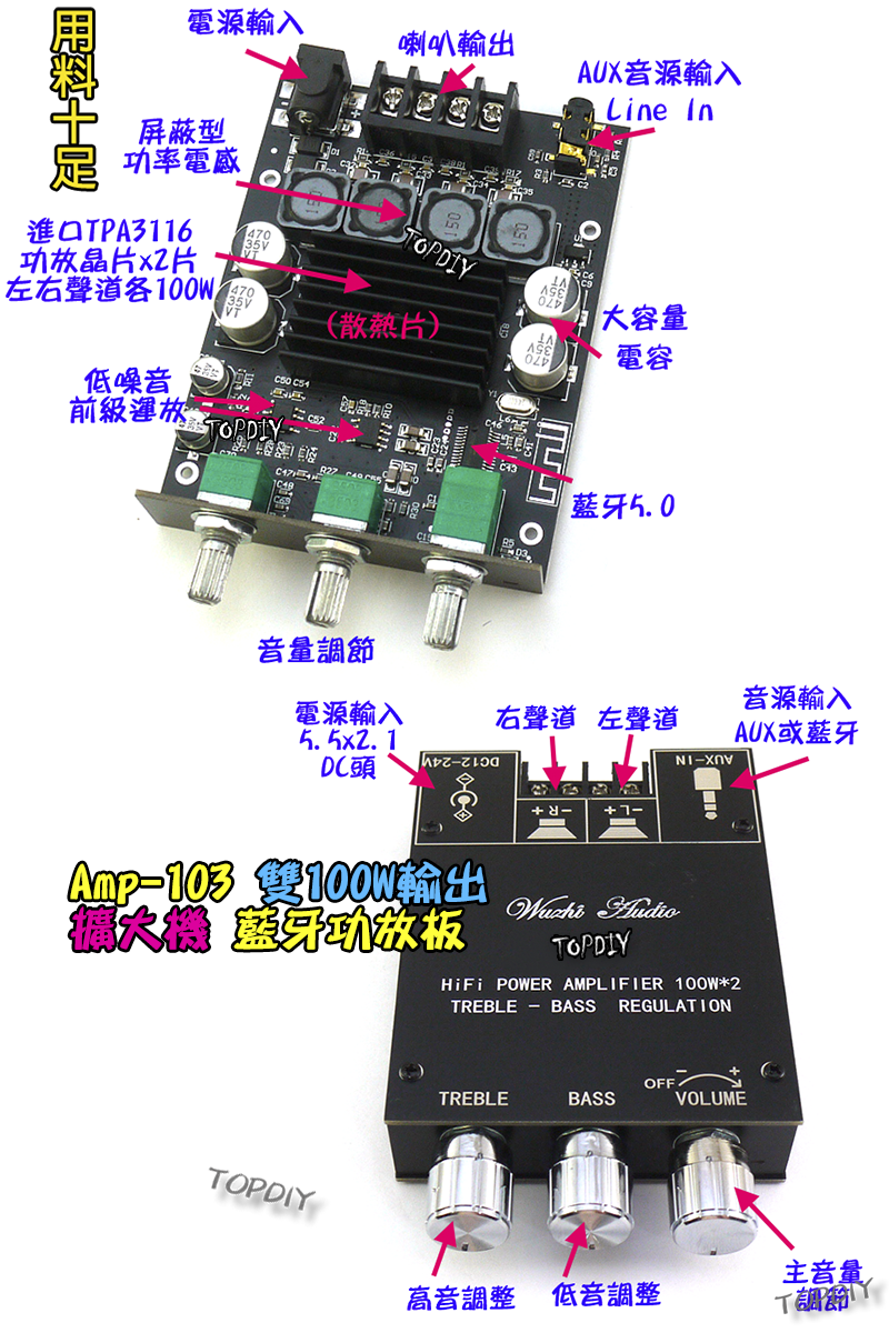 3旋鈕 雙100瓦 TPA3116D2【TopDIY】AMP-103 藍牙 D類 功放板 解碼板 音響 音箱 擴大機