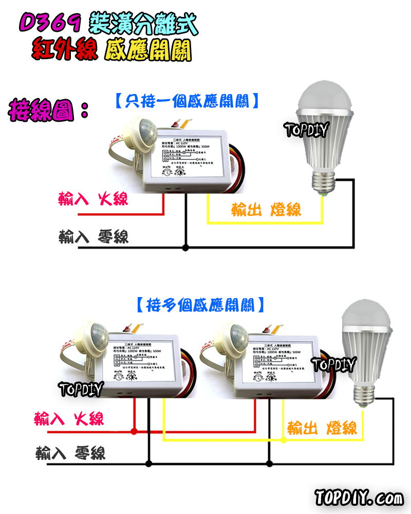 感應開關【TopDIY】D369-220V 3線式 裝潢分離式 紅外線 人體 感應開關 大功率 LED 燈泡 感應器