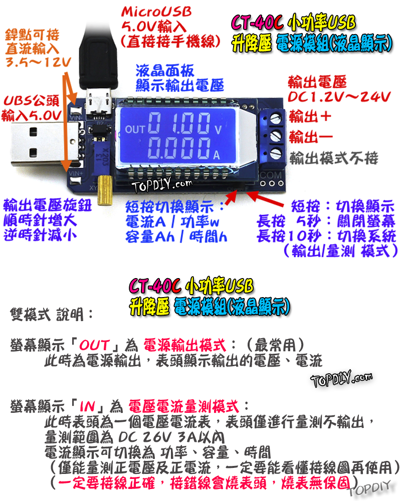 24V 3瓦 電流顯示【TopDIY】CT-40C USB 桌面電源 模組 升降壓 電源供應器 實驗電源 直流