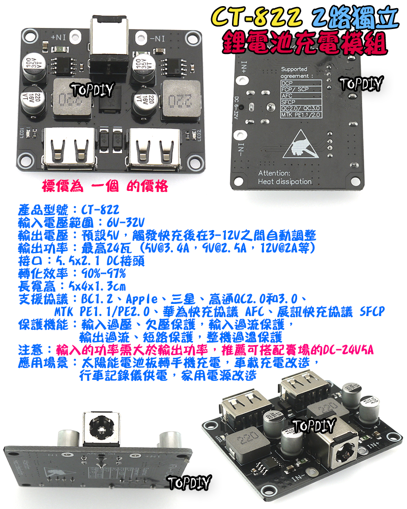 24瓦 2路 多協議【TopDIY】CT-822 快充板 模組 鋰電池 充電板 充電器 保護板 車載充電 QC3