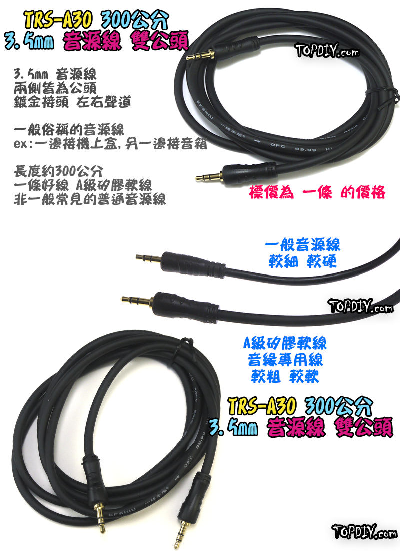 300cm 雙公頭【TopDIY】TRS-A30 音源線 喇叭 擴大機 音箱 功放板 3.5mm 音頻線 音響 3米