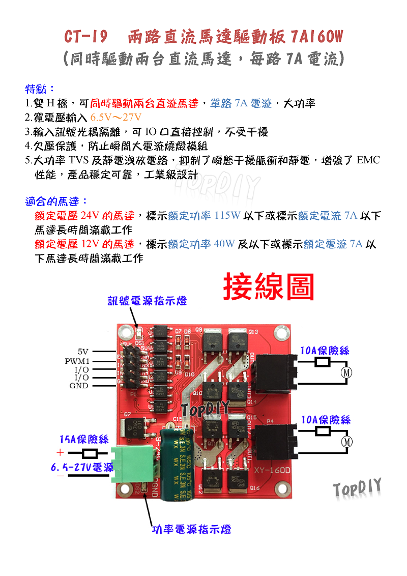 兩路控制【TopDIY】CT-19 直流馬達 驅動板 7A 160瓦 正反轉 PWM調速 馬達 電機 超越L298N