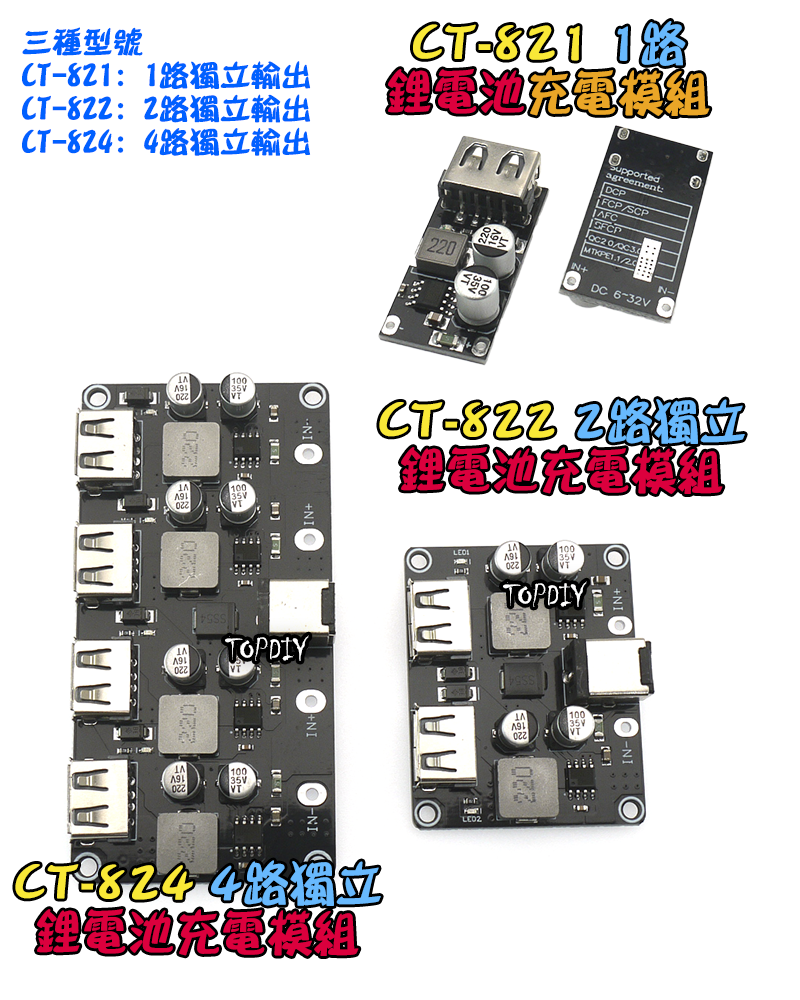 24瓦 2路 多協議【TopDIY】CT-822 快充板 模組 鋰電池 充電板 充電器 保護板 車載充電 QC3