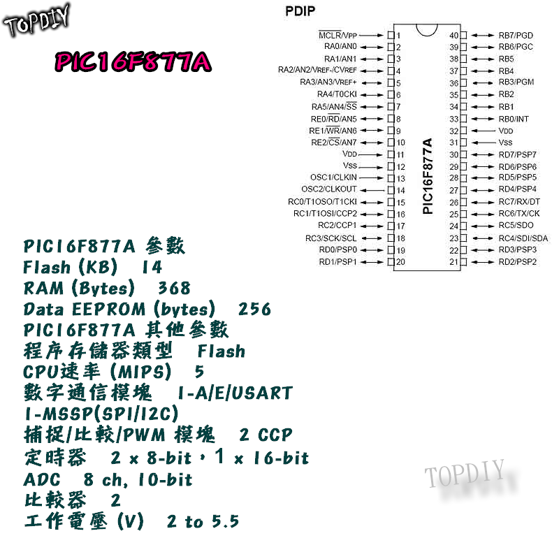 需預定【TopDIY】PIC16F877A DIP40 Microchip 單晶片 微處理器 PIC16F 控制 PWM
