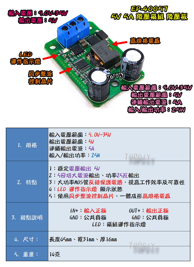 【TopDIY】EP-40057 (5V 5A 降壓板) 降壓模組 DC電源 模塊12V轉5V 替代055L LCD維修