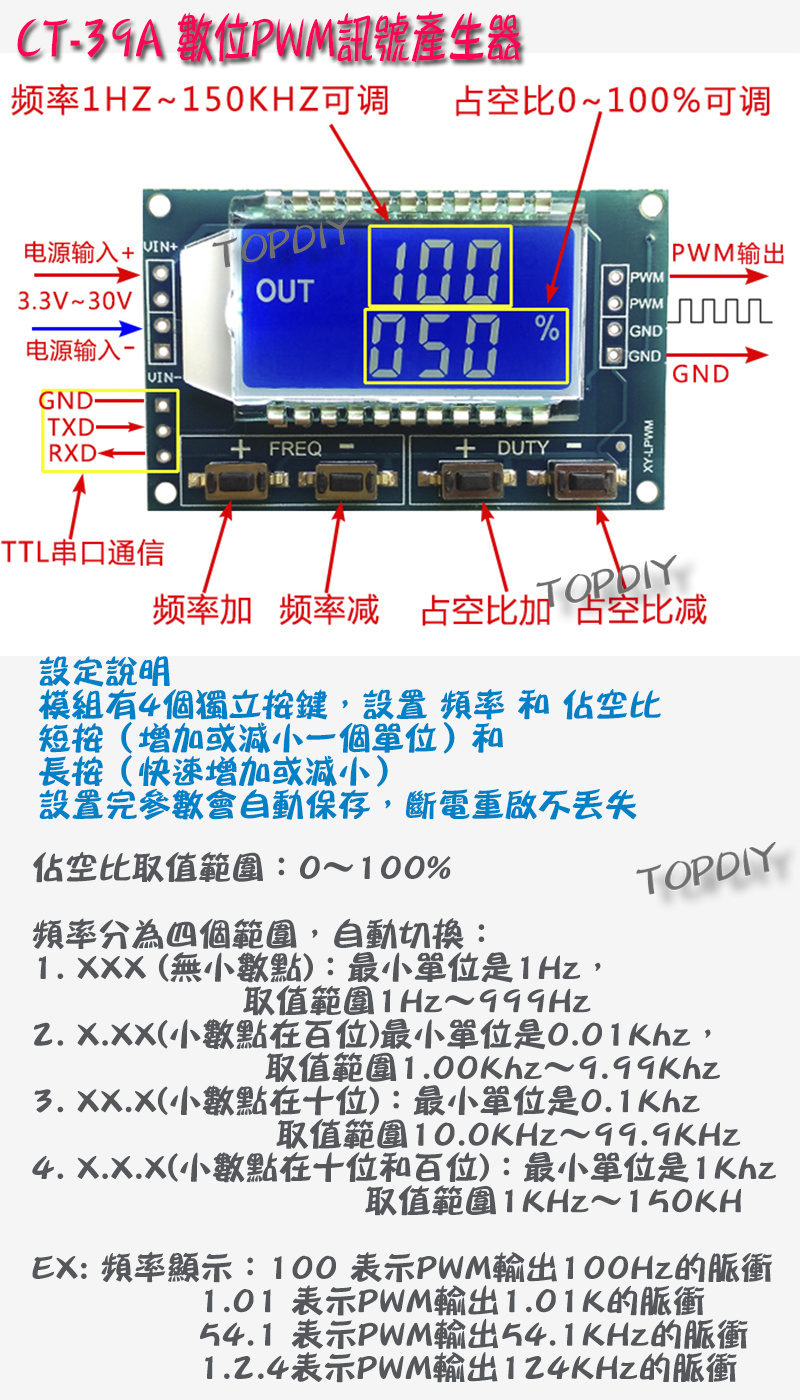 單迴路【TopDIY】CT-39A 數位 PWM 輸出 板 控制板 佔空比 頻率 可調 方波 馬達 LED 驅動 模組