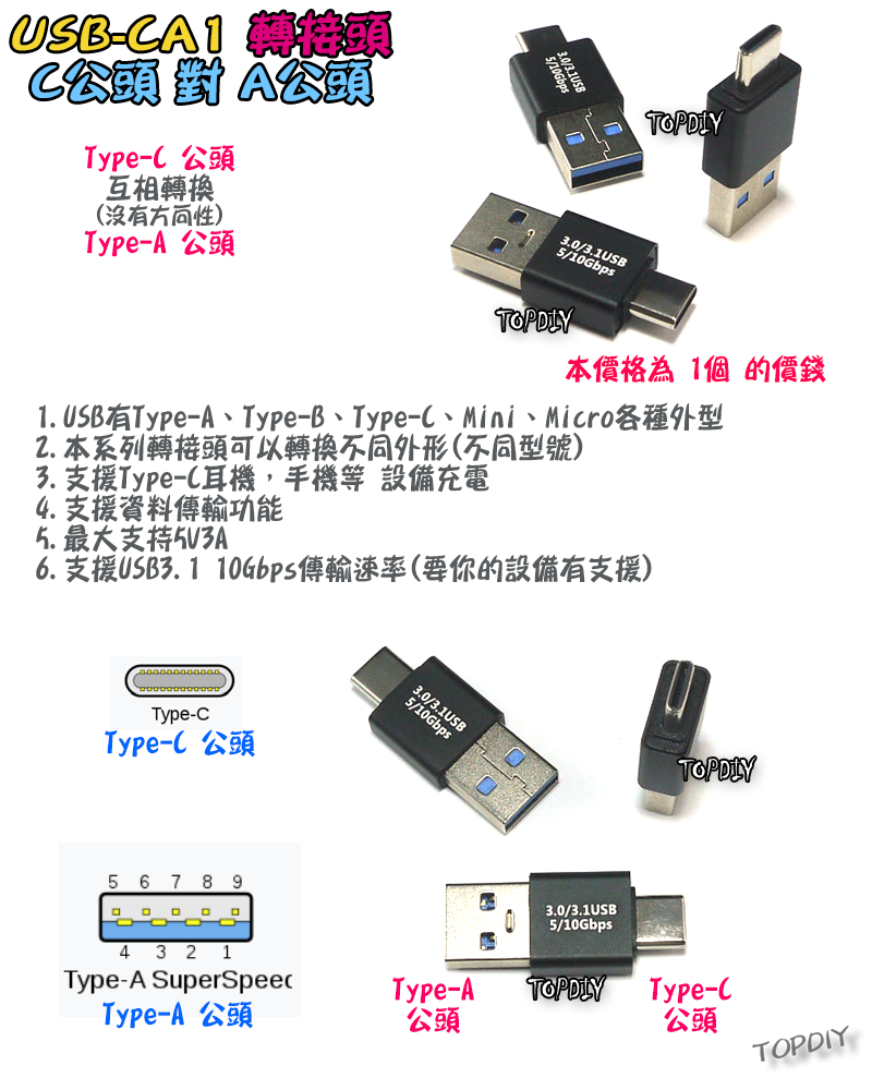 C公對A公【TopDIY】USB-CA1 轉接頭 轉接線 USB Type-A Type-C 接頭 轉接 轉換 刷機線