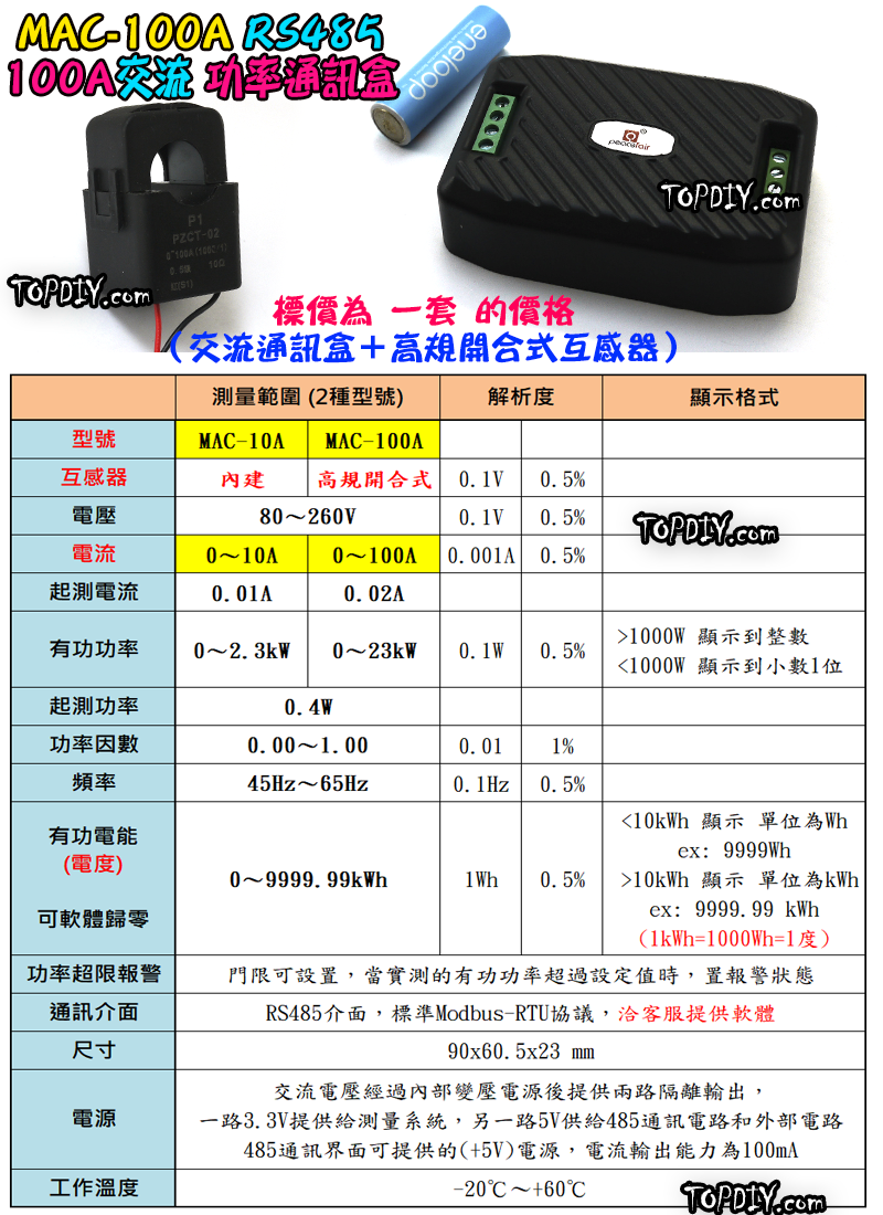 RS485 交流【TopDIY】MAC-100A 電力計 通訊盒 電壓 電流 電能 功率計 電流表 AC 電表 監測儀