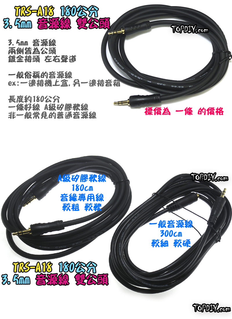 180cm 雙公頭【TopDIY】TRS-A18 音源線 喇叭 擴大機 音箱 功放板 3.5mm 音頻線 音響 1.8米