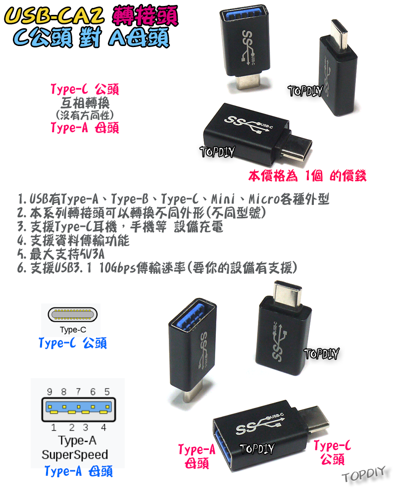 C公對A母【TopDIY】USB-CA2 轉接頭 轉接線 USB Type-A Type-C 接頭 轉接 轉換 刷機線