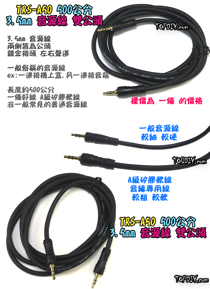 500cm 雙公頭【TopDIY】TRS-A50 音源線 喇叭 擴大機 音箱 功放板 3.5mm 音頻線 音響 5米