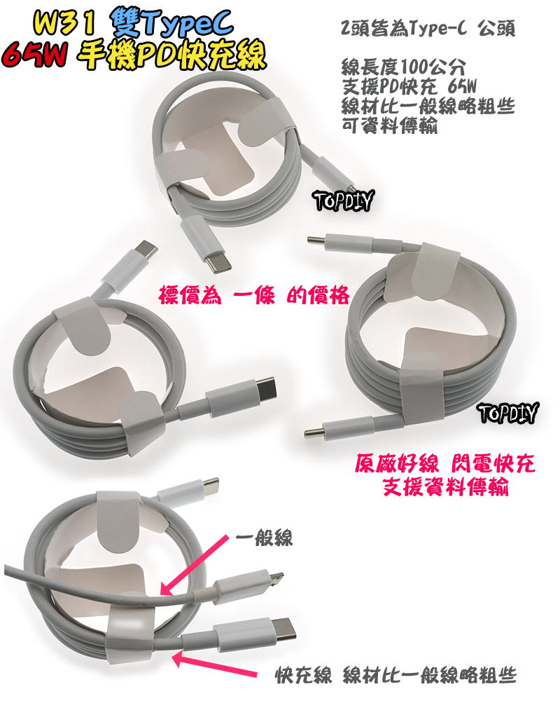 雙TypeC【TopDIY】W31 65W PD快充線 C-C 充電線 100公分 手機線 急速 傳輸線 Type-C